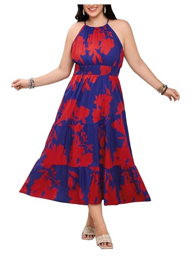 Image of Floerns Women's Plus Size Boho Sleeveless Halter Neck Tie Back A Line Long Dress
