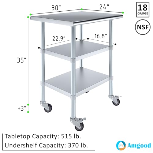 Image of AmGood Stainless Steel Work Table with 2 Shelves and Casters | Metal Utility Table On Wheels (Stainless Steel Work Table with 2 Shelves + Casters, 30 inch Long x 24 inch Deep)