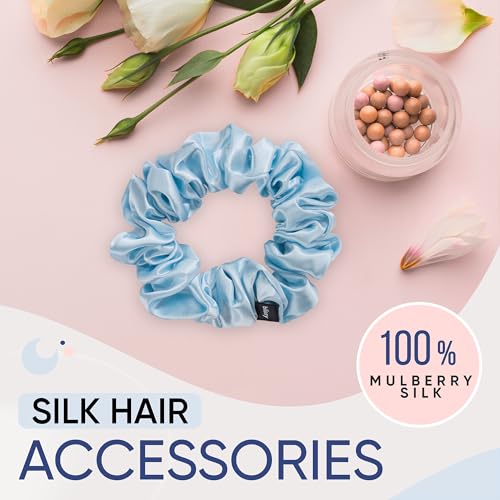 Image of Blissy Silk Scrunchies (3 Pack) - 100% Pure Mulberry Silk - 22 Momme 6A High-Grade Fibers Scrunchie for Straight & Curly Hair (Sky Blue, Regular)