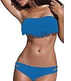 Damen Türkis Petrol Push Up Neckholder Bikini Set Cup Fransen Bandeau Badeanzug Strand Beach Größe M/L