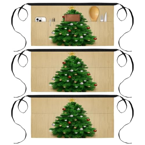 Lot de 3 demi-tabliers de cuisine courts à 3 poches motif sapin de Noël réaliste