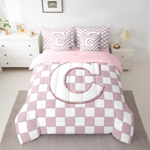 Image of Erosebridal Pink Initial C King Bed in A Bag 7 Piece Kawaii Plaid Checkered Comforter Set with Sheets Cute Personalized Monogram Bedding Sets for Kids Girls Teen Women,Fashion Grids Gingham Bed Set