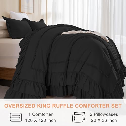 Image of QSH 3PCs Black Ruffled Oversized King Comforter 120x120,Farmhouse Shabby French Country Chic Ruffle Bed Comforter Set Boho Lightweight Ultra Soft Microfiber California King Comforter with Pillowcases