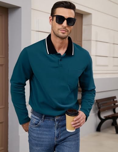 Men's Polo Shirts Long Sleeve Cotton Fashion Polos Tee Shirt Classic Basic Work Collared Shirt with Pocket4
