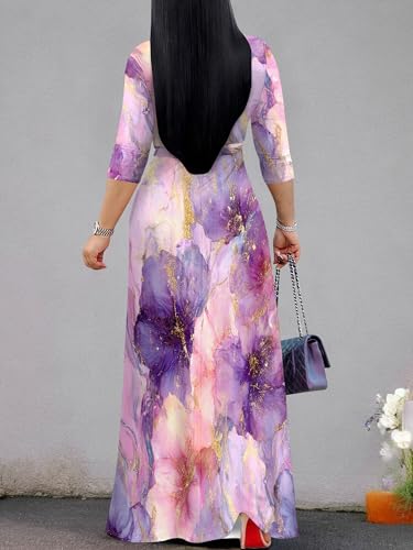 Image of PinkPatty Plus Size Maxi Dress for Women Casual V Neck 3 /4 Sleeve Boho Printed Long Dress with Pockets