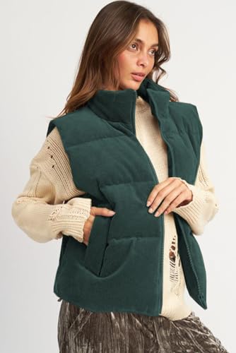 Women's Jungle Green Corduroy Stand Neck Zipped Puffer Vest for Casual Style4