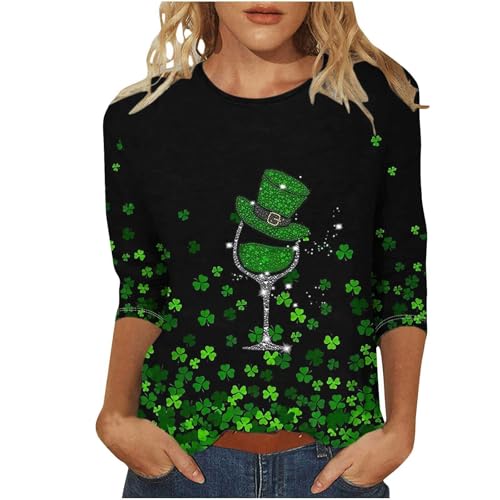 Camiseta de manga 3/4 con estampado de trébol de la suerte para mujer, disfraz del Día de San Patricio, disfraz de Irlanda, disfraz del 17 de marzo, camiseta de celebración irlandesa, Negro, Small