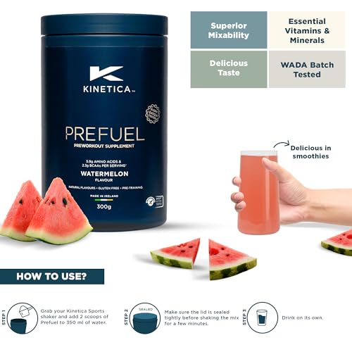 Kinetica PreFuel, pré-entrainement, Pastèque, 30 portions - 5,9 g d’acides aminés et 2,3 g de BCAA par portion - sans gluten, sans sucre, pot de 300 g – Image 6