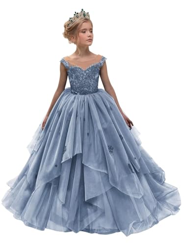 Flower Girl Dresses for Wedding Tiered Tulle Sleeveless Lace Princess Pageant Dresses Kids Prom Ball Gowns for Girls