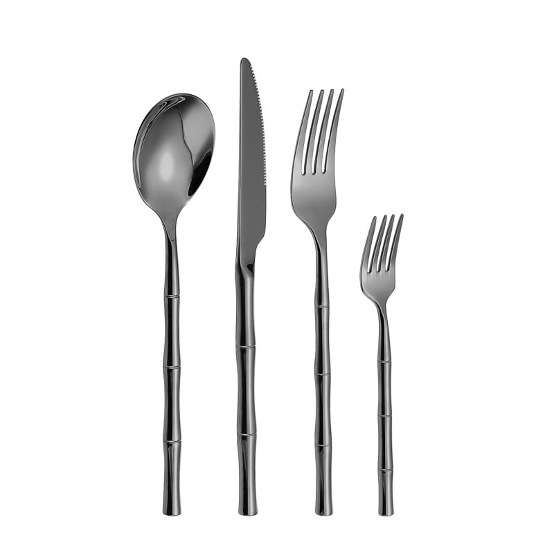 Ensemble de Couverts en Acier Inoxydable 304, 4/16/24/32/40/48 pièces, Couteau, Fourchette et cuillère à Manche en Bambou, Noir - 6 pièces