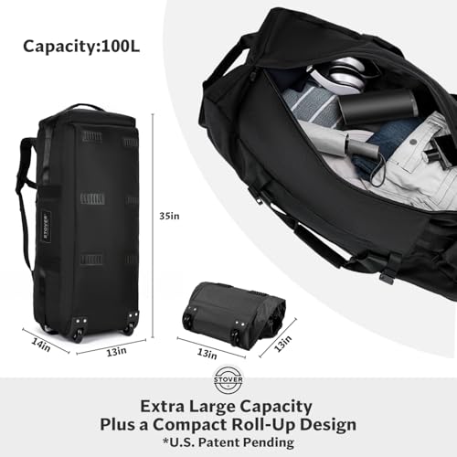 STOVER 100L Rolling Duffel Bag with Wheels, X-Large 32 Inch Durable Travel Duffle + Toiletry Bag, Heavy Duty, Packable w/Shoulder Straps- Use as Luggage or Backpack, Men/Women (Black)2