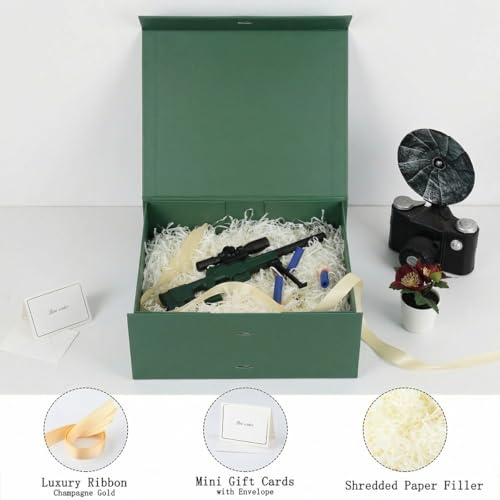 Grün Magnetische Geschenkbox mit Deckel groß 32x28x13.5cm mit Geschenkbeutel, Schleife, Raffia & Grußkarte