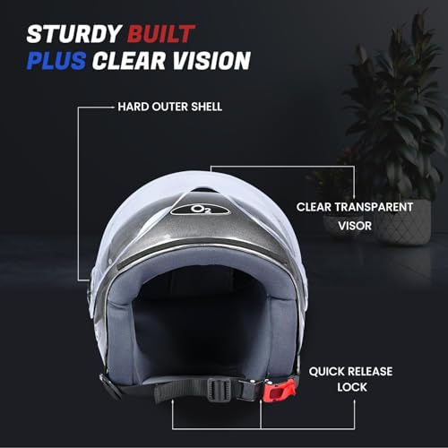 Image of O2 Open Face / Half face Helmet Unisex for Bike Women Men ISI Certified with Clear Visor Smooth Finish Lightweight & Compact (S. Black, 580mm Medium)