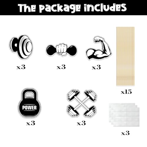 Image of Gym Workout Theme Centerpiece Sticks,Biceps Dumbbells Kettlebells Abodominal Wheels Bodybuilding Table Toppers,Baby Shower Party Supplies Black.Set of 15