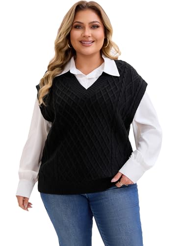 Agnes Orinda Plus Size Sweater Vest Women V Neck Ribbed Knit Sleeveless Solid Pullover Sweaters Vests Tops