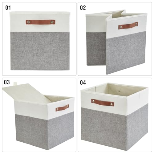 Image of Bagnizer Collapsible Fabric Storage Cube Bins with 2 Reinforced PU Handles, Foldable Storage Organizer Baskets for Closet, Shelves, Living Room | 11 inchx11 inchx11 inch, 4 Pack, Gray & White