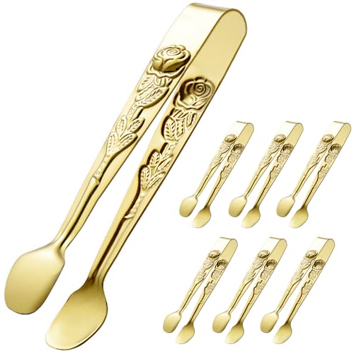HINMAY 6PCS Mini Serving Tongs 5-Inch Small Rose Sugar Cube Appetizer Tongs, Tiny Metal Tong for Tea Party, Coffee Bar, Desserts (Gold)
