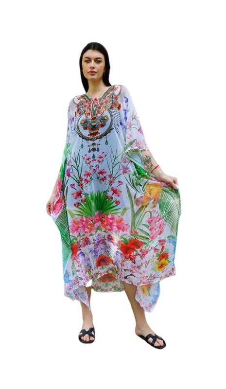 ravi rajoria Women's Crepe Kaftan – Bohemian Cut Shoulder Printed V-Neck Long Maxi Caftan with Loose Fit & Elegant Design (Kaftan-Kurti)-picture-43