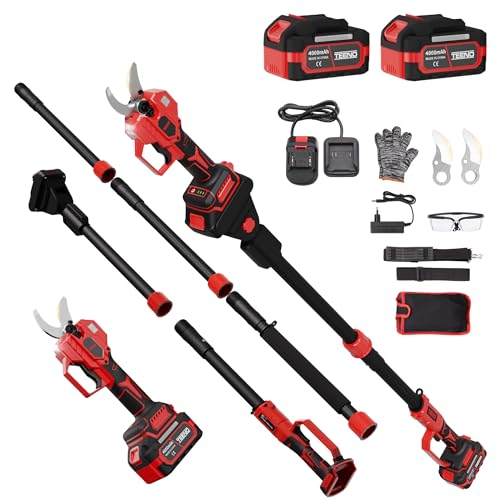 TEENO Sécateur Électrique Avec Perche, 2-en-1 Secateur Electrique Sans Fil Télescopique, Portée Totale 4.3 m, Coupe 50 mm, 2 * 4,0Ah Batteries, Câble de...
