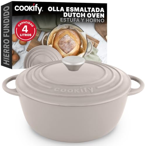 Catálogo de Ollas de hierro al mejor precio. 41 Cookify Olla de Hierro Fundido Esmaltado para Horno y Estufa, Horno Holandés Capacidad 4 Litros Dutch Oven (Taupe, 24.8 cm)