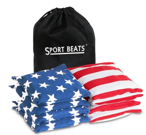SPORT BEATS Cornhole Bags Set of 8 - Regulation Size & Weight Bean Bags, Heavy Duty Double-Stitched Canvas for Tailgating, Outdoor Backyard Game Accessories with Carry Tote Stars & Stripes