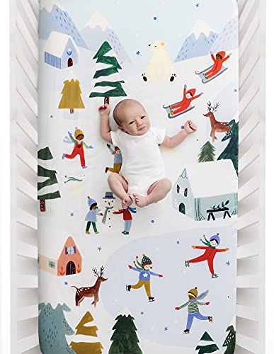 Image of Rookie Humans 100% Cotton Sateen Fitted Crib Sheet: Snowy Day. Modern Nursery, Use as a Photo Background for Your Baby Pictures. Standard Crib Size (52 x 28 inches)