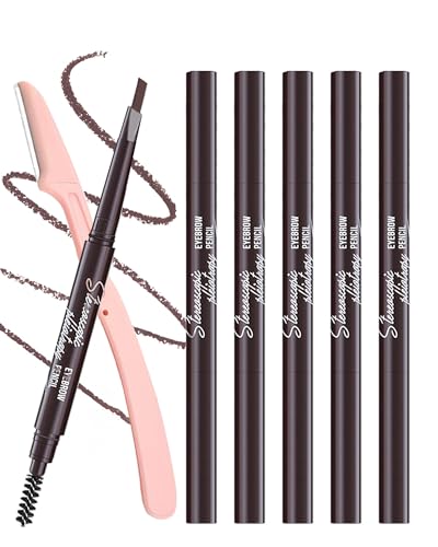 Berinist Waterproof Eyebrow Pencils for Women, 6Pcs Double-ended Dark Brown Eye Brow Pencil with Razor Kit, Triangular Tip Design Makes it Easier to Define and Fill in Brows for a Natural Look