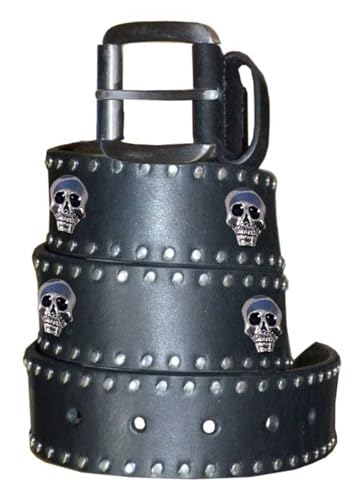 Derringer Men's Premium Leather Belt with Skull Snap Design, Solid Black