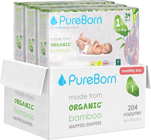 Image of PureBorn Organic Natural Bamboo Baby Disposable Diapers-Size 1 by Fratelli |From 2 To 5 Kg|Assorted Print|Premium Super Soft| Maximum Leakage Protection|Eco Friendly Nappies|New Born Essentials S1-204s