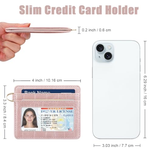 Image of Slim Credit Card Holder Crocodile Wallet Women Thin Wallets | Alligator Print RFID Blocking Minimalist Lightweight Pocket Small Cute Cards Holders ID Window, Pink Croc