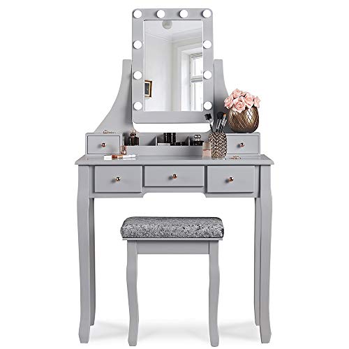 ice cream what's your flavour? Arianna Deluxe Hollywood Tocador con Led Luces y Espejo De Vanidad para Dormitorio 5 Cajones con Taburete para Conjunto De Maquillaje y Joyas (Gris) Cover