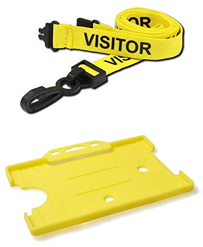 Identity-Plus: Yellow Pre-Printed Visitor Lanyard (Plastic J Clip, Safety Breakaway Point) with Yellow Landscape ID Card Holder (100)