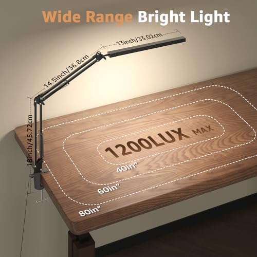 Image of Upgrade Swing Arm LED Desk Lamp with Clamp, 80 LED Beads, 5 Color Modes & 11 Brightness Levels, 360 Adjustable Arm, Eye-Caring Light CRI95, Timer & Memory Function, for Office, Study, Crafting