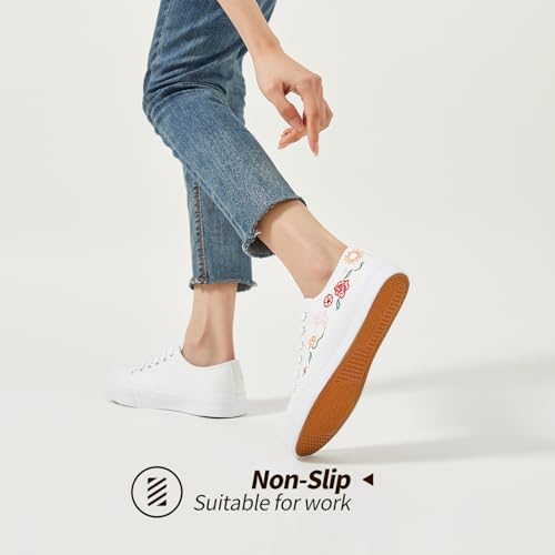 Women Canvas Sneakers with Embroidered Flower,Lace up White Tennis Shoes,Casual Low Top Fashion Sneakers 5