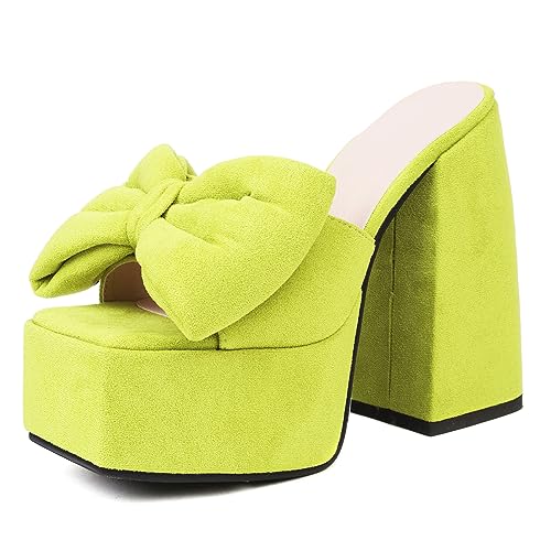 Mules femme talon bloc Lizoleor en daim vert avec plateforme et noeud élégant taille 36