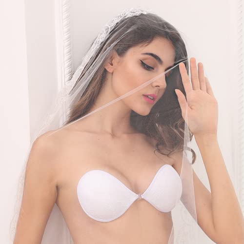 Niidor Adhesive Bra Backless Sticky Invisible Push Up Fabric Lace Bra For Strapless Dress With Nipple Covers White D Cup #TOP2