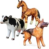 Jet Creations 3-PK Inflatable Animals, Cow(21"), Horse(30"), German Shepherd(30"), Realistic Livestock Pets for Party Decoration, Education, Learning, Pool, Birthday, Photo Prop, Kids, Adults