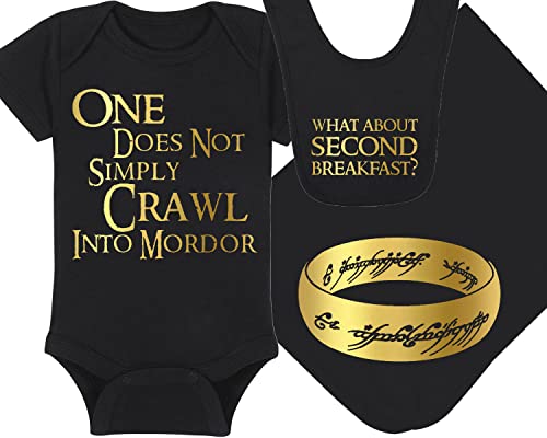 Image of LOTR Baby Onesie, Blanket and Bib - One Does Not Simply Crawl Into Mordor - The One Ring - What About Second Breakfast (3-6 Month - Black Fabric - Gold Design)