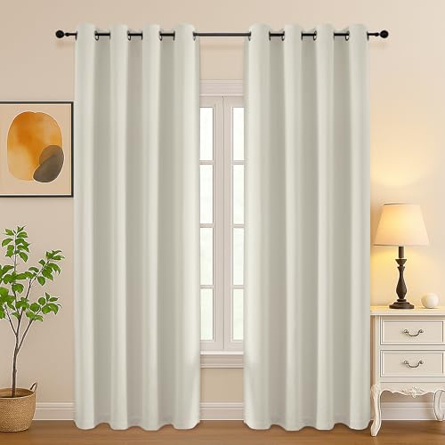 Image of Simplebrand Natural Curtains for Bedroom Living Room 90 Inches Long 2 Panels Set, Room Darkening Thermal Insulated Curtains & Drapes, Solid Grommet Noise Reducing Window Treatment, W50 x L90 Inch
