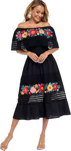 Image of YZXDORWJ Women Embroidered Mexican Peasant Casual Sexy Lace Off-Shoulder Long Dress