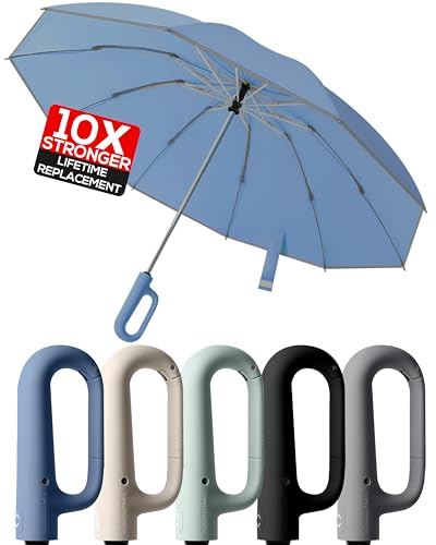 Dyale Parapluie de voyage compact inversé avec boucle à anneau, grand parapluie portable résistant au vent et réfléchissant inversé pour la pluie et le soleil, bleu, Large for Two, Compacte