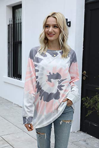 Famulily Women Tie Dye Long Sleeve Tshirt Crewneck T Shirts Long Sleeve Tops Summer Clothing(Grey,M) #TOP1