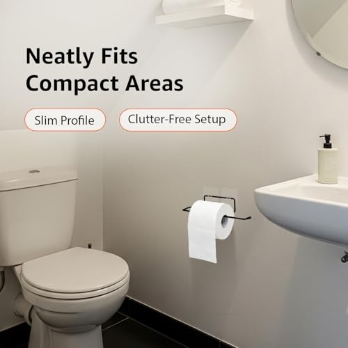 Image of Amazon Basics Self-Adhesive Toilet Paper Holder | Wall-Mounted Bathroom Tissue Roll Hanger | Rust Proof GI Steel with Powder-Coated Black Finish | 24.8L X 5.47W x 4.8H cm, Pack of 2