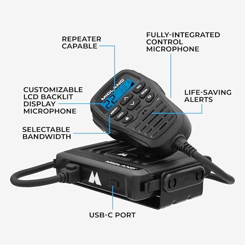 Image of Midland - MXT275VP4-15 Watt GMRS MicroMobile Two-Way Radio - ATVs UTVs and Other Off-Road Vehicles - Overlanding Gear - Extended 3dB gain Roll Bar Mount Antenna Microphone Extension Cable
