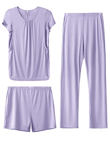 Image of SUNNYBUY Womens Maternity Nursing Pajamas Set, Short Sleeve Breastfeeding Shirts,Pregnancy Shorts & Pants 3 Piece Nursing PJS