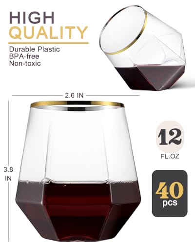 Image of Maaacute 40 Pcak Plastic Stemless Wine cocktail Whiskey Champagne Glasses, 12 Oz Gold Rim Disposable Clear Unbreakable Cups for Party Bars Wedding Tasting (Diamond-shaped)