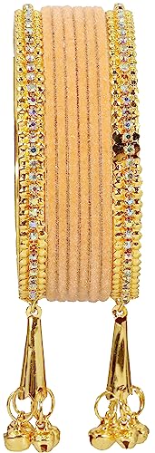 Image of NMII Metal with Zircon Gemstone and Velvet Studded Bells Latkan Bangles Set For Girls and Women I Latkan Bangles, Premium Bangle Bracelet Set I Pack of 16 Bangles