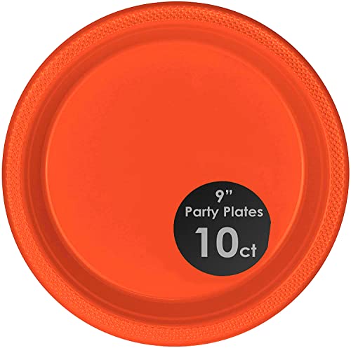 Decorrack 10 Large Plastic Plates, Heavy Duty 9 Inch Colored Plastic Dinner Plates, Disposable Party Ware For Kids Birthday, Cake Dessert Plates, Holiday Tableware, Orange (Pack Of 10) #TOP1