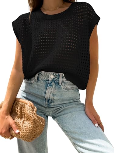 Image of Womens Summer Crochet Tops Hollow Out Cap Sleeve Cover Up Tank Top Pullover Sweater Vest Beach Vacation Clothes