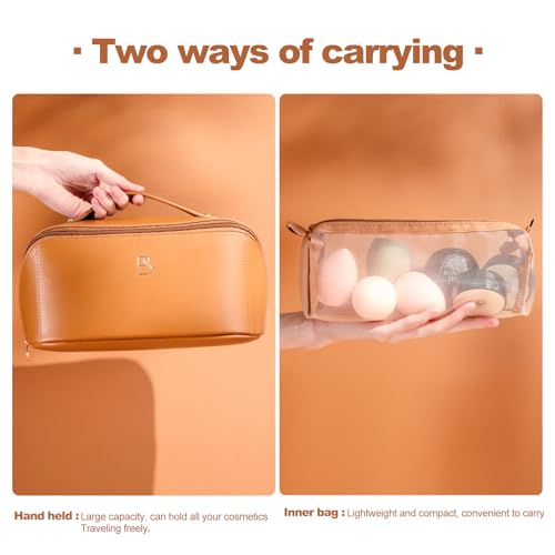 BS-MALL Travel Makeup Bag – Portable Large Capacity Toiletry Bag Perfect for Organizing Travel Size Toiletries, Flat Opening for Easy Access with 1 Makeup Brush & Zipper Bag4